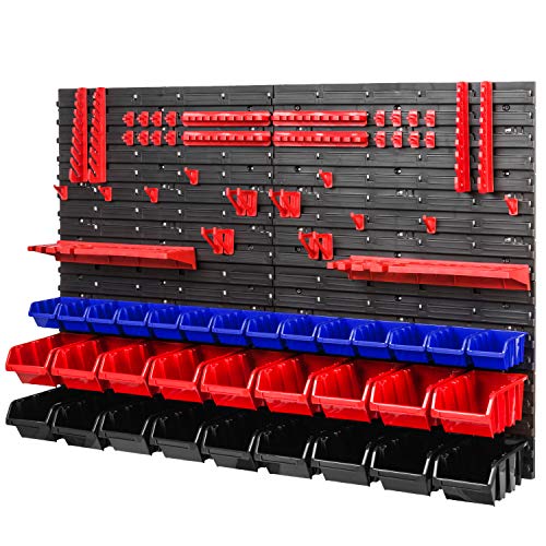 PAFEN Sistema de almacenamiento – 1152 x 780 mm – Estantería de pared con cajas apilables – Soporte para herramientas – Estante de pared extra fuerte (azul/rojo/negro)
