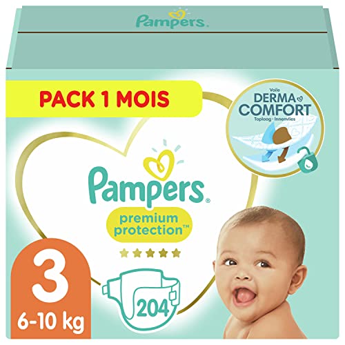 Pampers - Protección Premium - Pañales Talla 3, 6-10 kg, Paquete de 1 mes (x204 pañales)