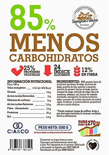 Pan Proteico SiempreTierno XXL 500 grs · Pan Keto Proteinado Bajo en Carbohidratos · 25% de Proteínas · Ideal dietas Hipocalóricas y Altas en Proteínas KETO · Dura hasta 270 días sin frio.