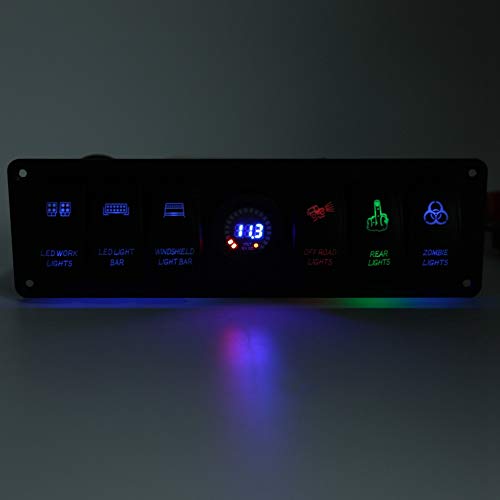 Panel de interruptor basculante con voltímetro, panel de interruptor basculante de palanca de 6 bandas, voltímetro LED colorido para vehículo recreativo, barco marino