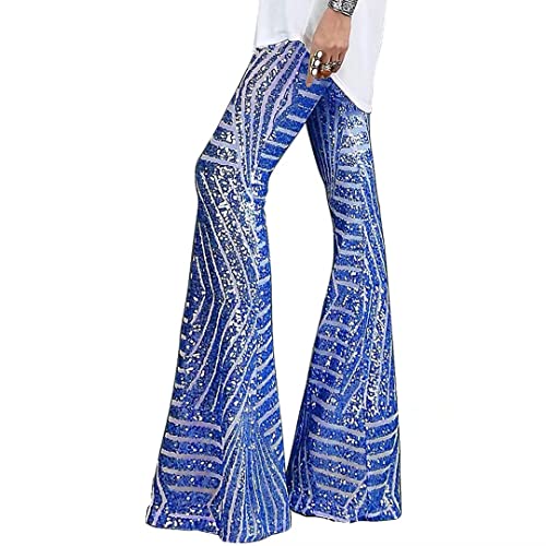 Pantalones Acampanados de Lentejuelas de Cintura Alta para Mujer Pantalones Palazzo de Pierna Ancha Disco Clubwear Pantalones de Yoga con Fondo de Campana Brillante Moda Streetwear