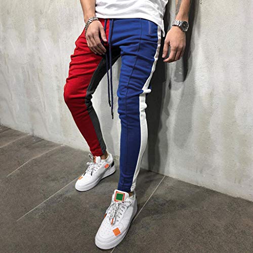 Pantalones Hombre Moda Empalme Casual Hip Hop Bolsillo Cadena Deportiva Pantalón Chandal Hombre con Cordón BIBOKAOKE