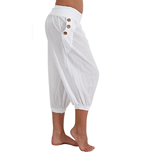 Pantalones pirata ligeros para verano, pantalones capri, botones, flores, pantalón ancho de tiempo libre estilo, harem, Aladin Color blanco. Einheitsgröße