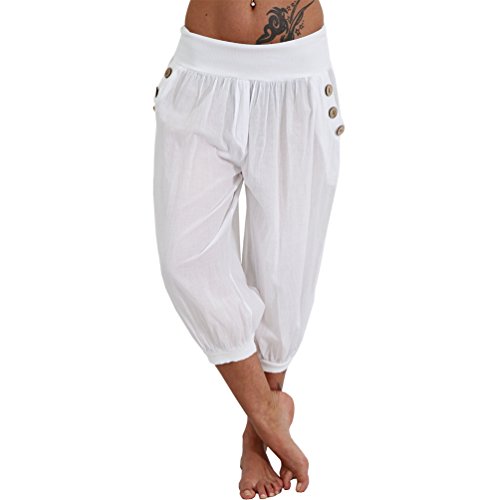 Pantalones pirata ligeros para verano, pantalones capri, botones, flores, pantalón ancho de tiempo libre estilo, harem, Aladin Color blanco. Einheitsgröße