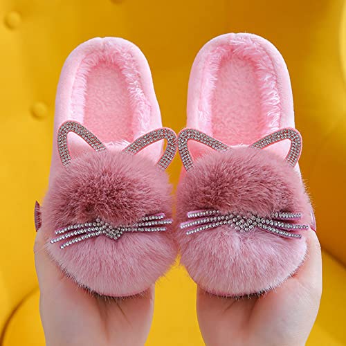 Pantuflas de casa para niños, 33 unidades, de felpa, para invierno, cálidas, forradas, para niñas, pantuflas de dibujos animados, gatos, para interior y exterior, Rosa., 33