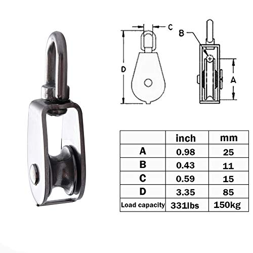 Paquete de 4 poleas de bloque de polea SUNSHINETEK Rueda de polea simple de 25 mm Plata 304 Rodillo de polea de acero inoxidable M25 Carga segura 150kgs / 331lbs