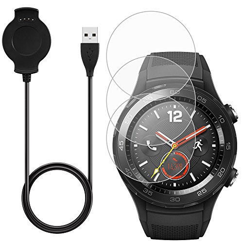 Para Huawei Watch 2 Charger, con 3 protectores de pantalla, AFUNTA 3 pies/1m cable de carga de repuesto soporte de base con vidrio templado para Huawei Watch 2 Classic Sport Smart Watch-Negro