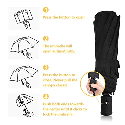 Paraguas, TechRise clásico a prueba de viento plegable automático compacto paraguas de viaje con un botón automático abierto y cierre - negro