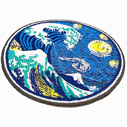 Parche Termoadhesivo para la Ropa, la Gran ola de Kanagawa con Noche Estrellada Van Gogh. Parches bordados grandes de tela japonesa térmicos -100% Bordado