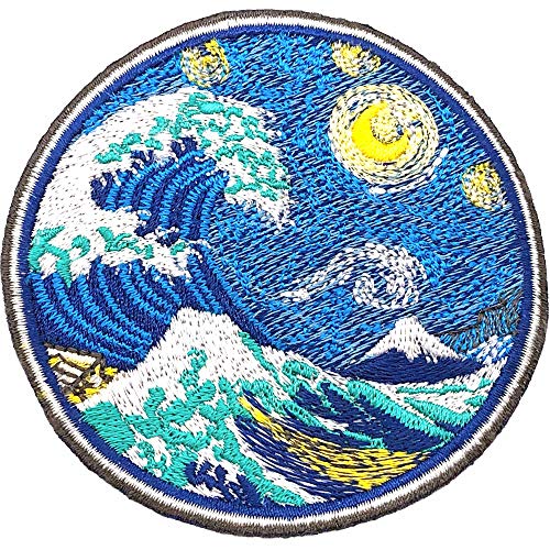 Parche Termoadhesivo para la Ropa, la Gran ola de Kanagawa con Noche Estrellada Van Gogh. Parches bordados grandes de tela japonesa térmicos -100% Bordado