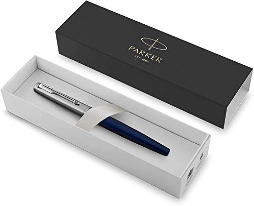 PARKER JOTTER - Pluma Estilográfica, de Color Azul Real y Tinta Azul, con Cuerpo de Metal y Plumín Mediano, en Estuche de Regalo