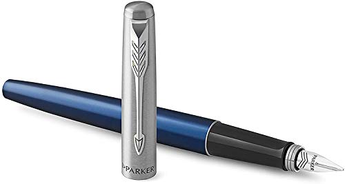 PARKER JOTTER - Pluma Estilográfica, de Color Azul Real y Tinta Azul, con Cuerpo de Metal y Plumín Mediano, en Estuche de Regalo