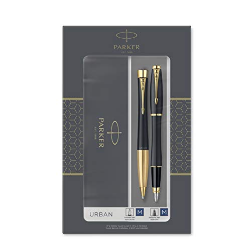 Parker Urban set de regalo doble con bolígrafo y pluma estilográfica, negro tenue con adorno dorado, cartucho y recambio de tinta azul, estuche de regalo
