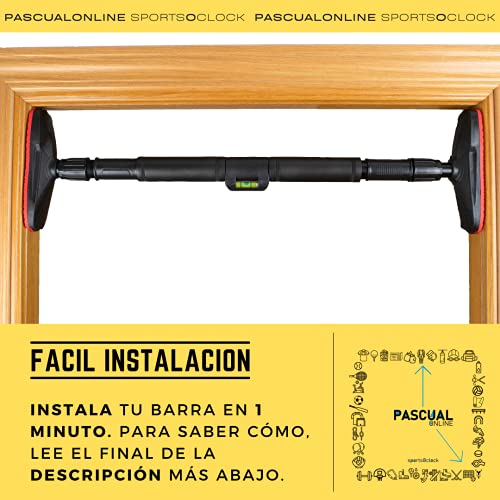 PASCUAL ONLINE sportsOclock Barra de dominadas, Barra dominadas Pared, Barra dominadas Puerta, calistenia en casa, Ajustable a Puerta 66-90cm sin Tornillos, con Capacidad de Carga de hasta 400 KG