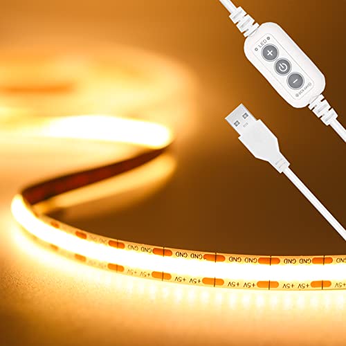 Pautix Tira de LED USB blanco cálido 2700k , 2m tira de luz COB de 640LED atenuador, 5v luce de fondo de TV , luz de cinta flexible para dormitorio, iluminación de bricolaje