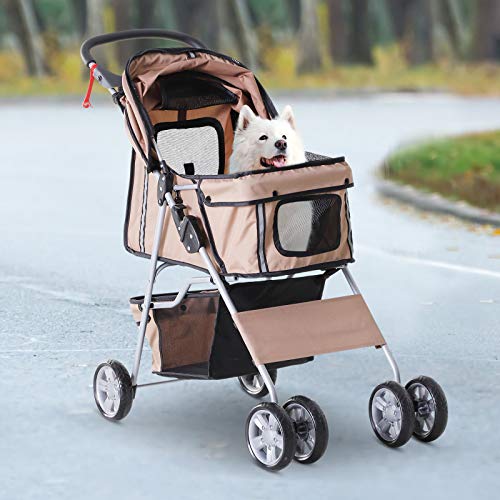 PawHut Cochecito Plegable Mascotas Carrito para Perros Gatos con Cuatro Ruedas Cesta de Almacenaje Ventanas y Portavasos Tela Oxford Marco de Acero 75x45x97 cm Café