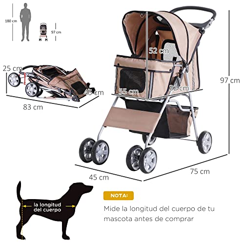 PawHut Cochecito Plegable Mascotas Carrito para Perros Gatos con Cuatro Ruedas Cesta de Almacenaje Ventanas y Portavasos Tela Oxford Marco de Acero 75x45x97 cm Café