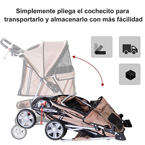 PawHut Cochecito Plegable Mascotas Carrito para Perros Gatos con Cuatro Ruedas Cesta de Almacenaje Ventanas y Portavasos Tela Oxford Marco de Acero 75x45x97 cm Café