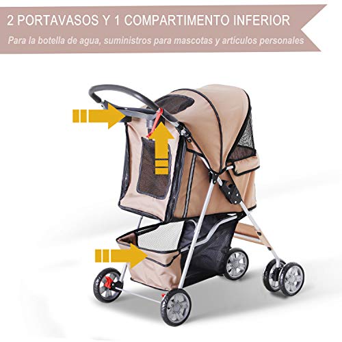 PawHut Cochecito Plegable Mascotas Carrito para Perros Gatos con Cuatro Ruedas Cesta de Almacenaje Ventanas y Portavasos Tela Oxford Marco de Acero 75x45x97 cm Café