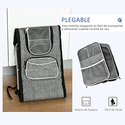 PawHut Transportín Mochila para Gatos Perros Pequeños Bolsa de Transporte para Mascotas Plegable Transpirable con Cojín Extraíble y Correa de Seguridad para Viaje 31x26x34 cm Gris