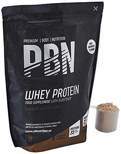 PBN Premium Body Nutrition - Proteína de suero de leche en polvo, 1 kg (Paquete de 1), sabor Chocolate con Avellanas, sabor optimizado