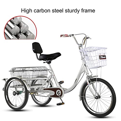 Pedal Triciclos para Adultos Triciclo de Tres Ruedas Bicicleta Cruiser 20 Pulgadas Bicicletas de 3 Ruedas con Cesta de Carga y Respaldo para Personas Mayores Mujeres Hombres