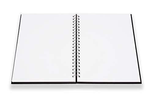 perfect ideaz Cuaderno de bocetos DIN A4, 96 páginas (48 hojas), dibujo profesional, tapa dura negra, encuadernado anillas en espiral con papel en blanco, 200 g, cuaderno negro en blanco para dibujar