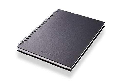 perfect ideaz Cuaderno de bocetos DIN A4, 96 páginas (48 hojas), dibujo profesional, tapa dura negra, encuadernado anillas en espiral con papel en blanco, 200 g, cuaderno negro en blanco para dibujar