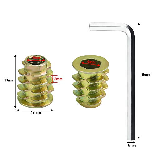 PERFETSELL 50 Pcs Tuercas Hexagonales m6 Insertos de Madera Tuercas Roscadas m6 Insertos de Tuerca Aleación de Zinc Tuercas de Inserción Tuercas Roscadas para Muebles e Madera + Una Llave Allen 6mm