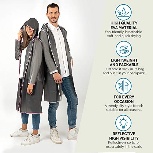 PERLETTI Chubasquero Hombre Mujer Ligero y Reutilizable - Impermeable Hombre y Mujer Resistente al Agua - Ropa de Agua Impermeable Detalles Reflectantes Capucha y Botones (L, Gris con Borde Blanco)