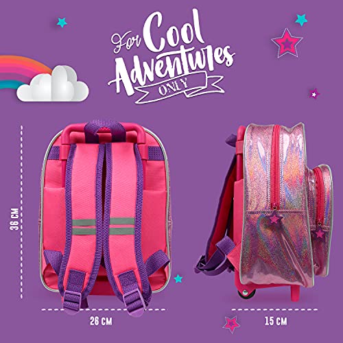 PERLETTI Mochila Trolley Unicornio Niña 2/5 Años con Bolsillo - Bolsa Infantil con Ruedas para Escuela Guardería Jardin de Infancia y Viajes - Bolso con Detalles Reflectantes - 32x23x15cm (Unicornio)