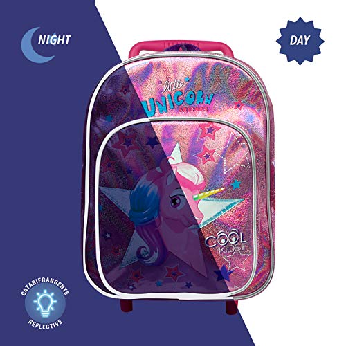 PERLETTI Mochila Trolley Unicornio Niña 2/5 Años con Bolsillo - Bolsa Infantil con Ruedas para Escuela Guardería Jardin de Infancia y Viajes - Bolso con Detalles Reflectantes - 32x23x15cm (Unicornio)