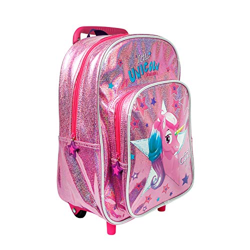 PERLETTI Mochila Trolley Unicornio Niña 2/5 Años con Bolsillo - Bolsa Infantil con Ruedas para Escuela Guardería Jardin de Infancia y Viajes - Bolso con Detalles Reflectantes - 32x23x15cm (Unicornio)