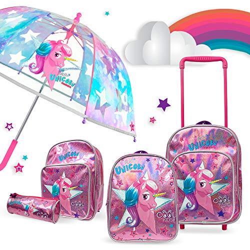 PERLETTI Mochila Trolley Unicornio Niña 2/5 Años con Bolsillo - Bolsa Infantil con Ruedas para Escuela Guardería Jardin de Infancia y Viajes - Bolso con Detalles Reflectantes - 32x23x15cm (Unicornio)