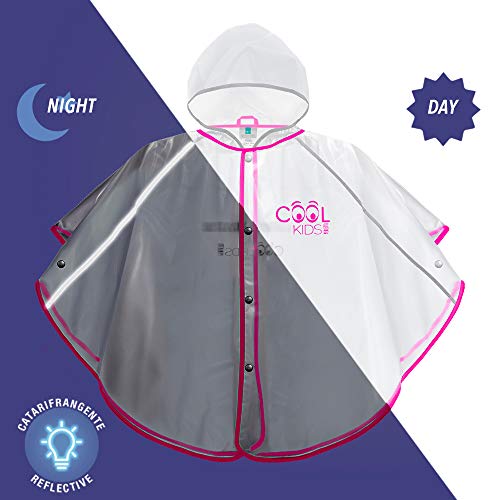 PERLETTI Poncho Impermeable Niño Niña Ribete de Colores - Chubasquero de Lluvia Transparente con Capucha y Botones - Detalles Reflectantes Luminosos de Alta Visibilidad - Cool Kids (Fucsia, 3/6 Años)