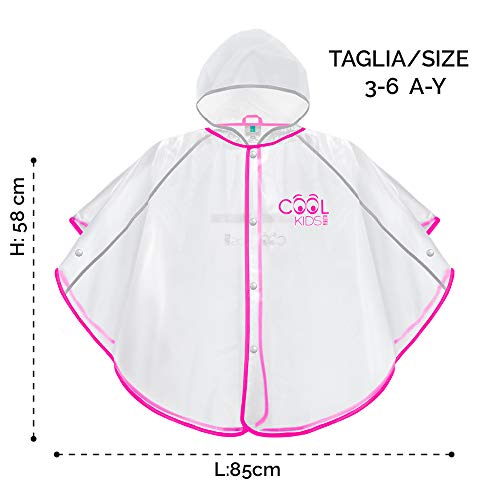 PERLETTI Poncho Impermeable Niño Niña Ribete de Colores - Chubasquero de Lluvia Transparente con Capucha y Botones - Detalles Reflectantes Luminosos de Alta Visibilidad - Cool Kids (Fucsia, 3/6 Años)