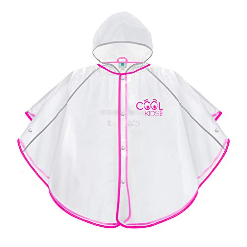 PERLETTI Poncho Impermeable Niño Niña Ribete de Colores - Chubasquero de Lluvia Transparente con Capucha y Botones - Detalles Reflectantes Luminosos de Alta Visibilidad - Cool Kids (Fucsia, 3/6 Años)