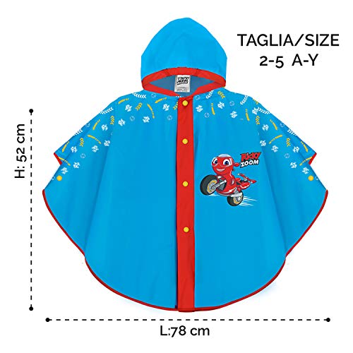 PERLETTI Ricky Zoom Chubasquero Niño 2/5 Años - Poncho Impermeable Turquesa con Moto para Niño de Jardín de Infantes y Guardería - Impermeable Niño Antiviento con Capucha y Botones (2-5 años, Azul)