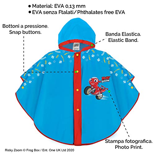 PERLETTI Ricky Zoom Chubasquero Niño 2/5 Años - Poncho Impermeable Turquesa con Moto para Niño de Jardín de Infantes y Guardería - Impermeable Niño Antiviento con Capucha y Botones (2-5 años, Azul)