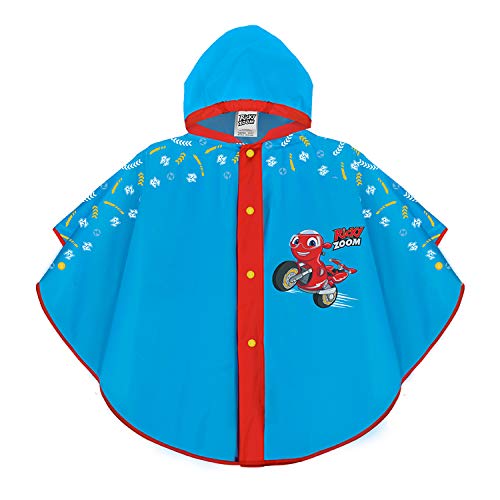 PERLETTI Ricky Zoom Chubasquero Niño 2/5 Años - Poncho Impermeable Turquesa con Moto para Niño de Jardín de Infantes y Guardería - Impermeable Niño Antiviento con Capucha y Botones (2-5 años, Azul)