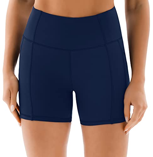 Persit Mallas cortas de deporte para mujer, pantalones de yoga, pantalones de entrenamiento, pantalones cortos de cintura alta, mallas con bolsillos azul cobalto 46-48