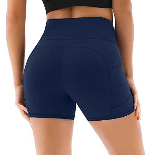 Persit Mallas cortas de deporte para mujer, pantalones de yoga, pantalones de entrenamiento, pantalones cortos de cintura alta, mallas con bolsillos azul cobalto 46-48