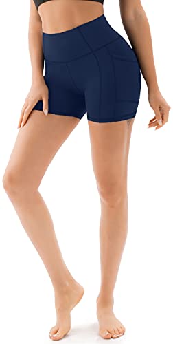 Persit Mallas cortas de deporte para mujer, pantalones de yoga, pantalones de entrenamiento, pantalones cortos de cintura alta, mallas con bolsillos azul cobalto 46-48