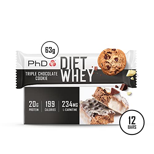 PhD Nutrition Diet Whey Bars, Barritas Nutricionales de Suero para Dietas Altas en Proteínas, Bajas en Azúcar, Bajas en Carbohidratos con Sabor Galleta de Triple Chocolate (Caja de 12 x 65g)