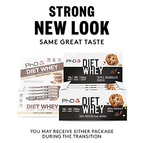 PhD Nutrition Diet Whey Bars, Barritas Nutricionales de Suero para Dietas Altas en Proteínas, Bajas en Azúcar, Bajas en Carbohidratos con Sabor Galleta de Triple Chocolate (Caja de 12 x 65g)