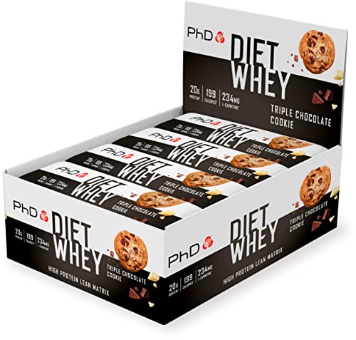 PhD Nutrition Diet Whey Bars, Barritas Nutricionales de Suero para Dietas Altas en Proteínas, Bajas en Azúcar, Bajas en Carbohidratos con Sabor Galleta de Triple Chocolate (Caja de 12 x 65g)