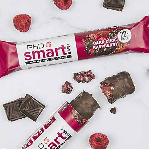 PhD Smart Bars, Pack de Barritas Altas en Proteínas Bajas en Carbohidratos con Delicioso Sabor de Frambuesa y Chocolate Negro (Caja de 12 x 64g)