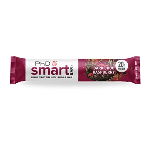 PhD Smart Bars, Pack de Barritas Altas en Proteínas Bajas en Carbohidratos con Delicioso Sabor de Frambuesa y Chocolate Negro (Caja de 12 x 64g)