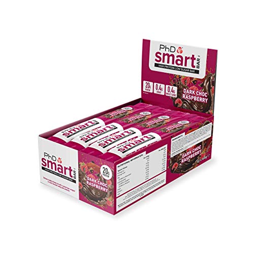 PhD Smart Bars, Pack de Barritas Altas en Proteínas Bajas en Carbohidratos con Delicioso Sabor de Frambuesa y Chocolate Negro (Caja de 12 x 64g)