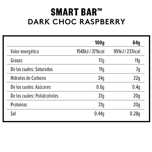 PhD Smart Bars, Pack de Barritas Altas en Proteínas Bajas en Carbohidratos con Delicioso Sabor de Frambuesa y Chocolate Negro (Caja de 12 x 64g)